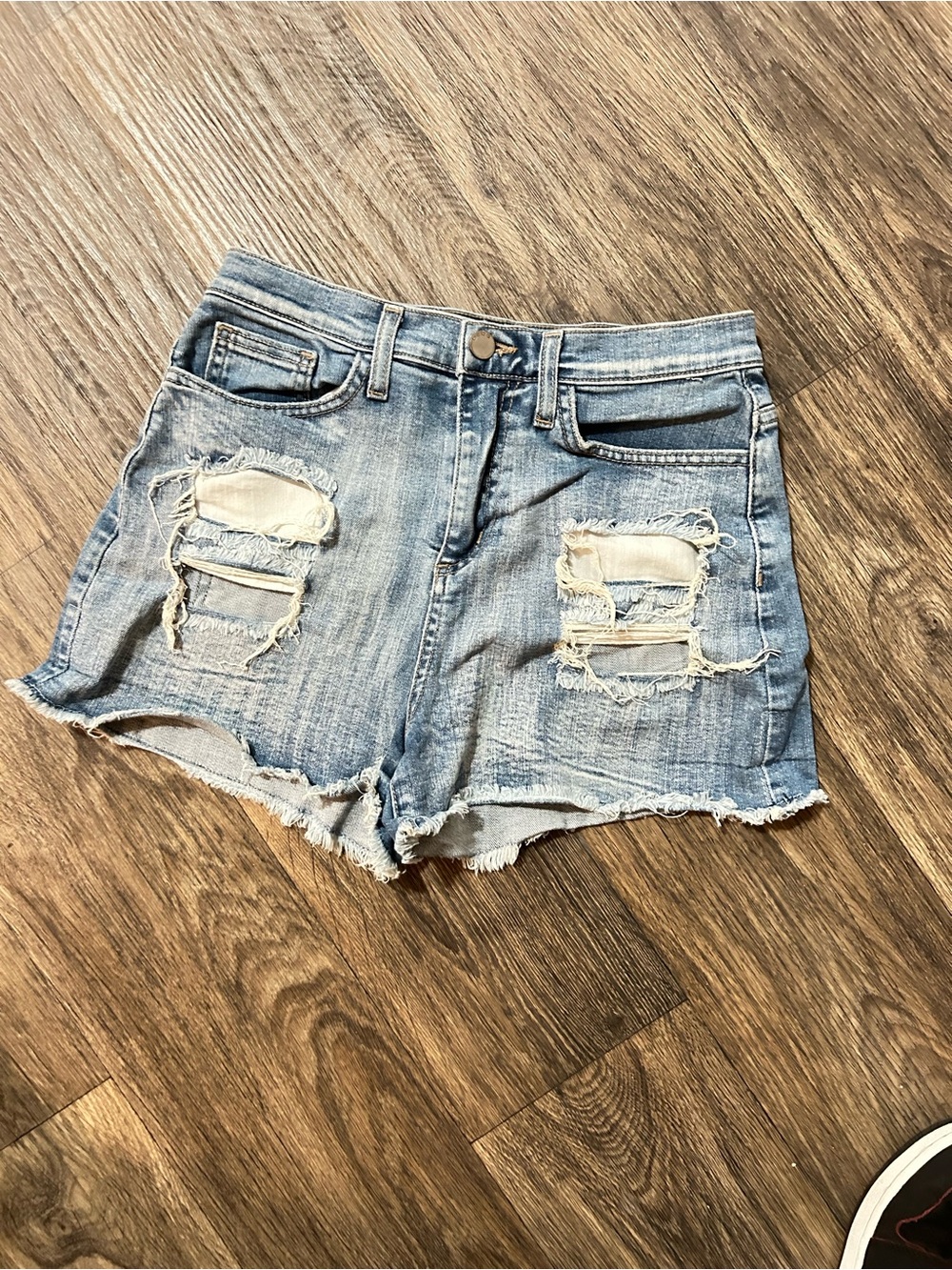 bebe Light Blue Distressed Denim Cutoff Shorts